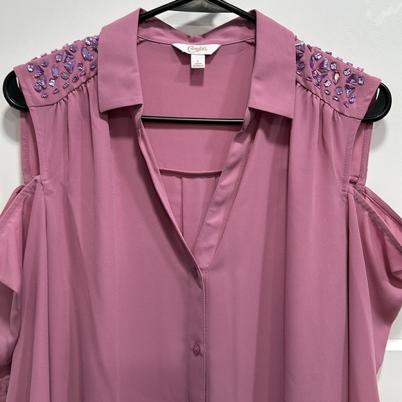 Candie’s Pink Button Down Cold Shoulder Blouse With Purple Jewels - Size Large - Picture 3 of 11